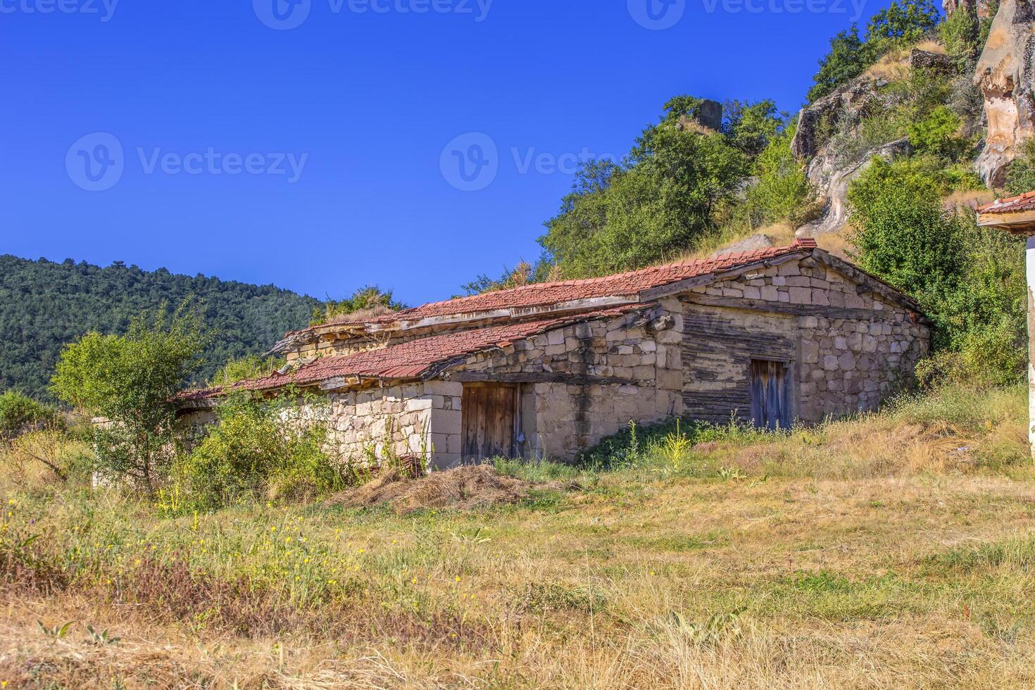 abandonado Vila casa com tijolos paredes e a de azulejos vermelhos cobertura foto