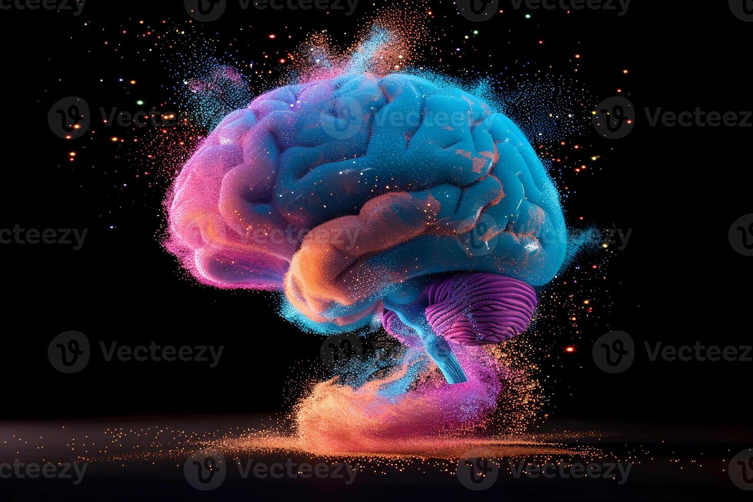 ai gerado explodindo humano cérebro com vibrante arco Iris cores partículas. criatividade, atenção plena. ai generativo foto