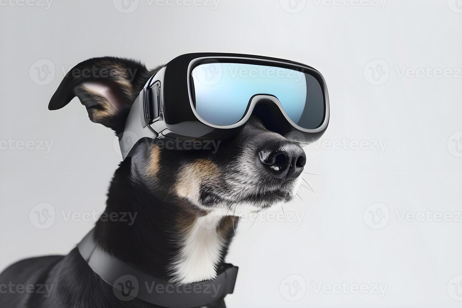 ai gerado Preto cachorro dentro virtual realidade óculos em uma branco fundo. cinologia e tecnologias. ai gerado foto