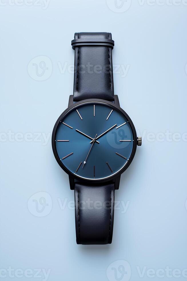 ai gerado Preto à moda Assistir em azul fundo. generativo ai foto