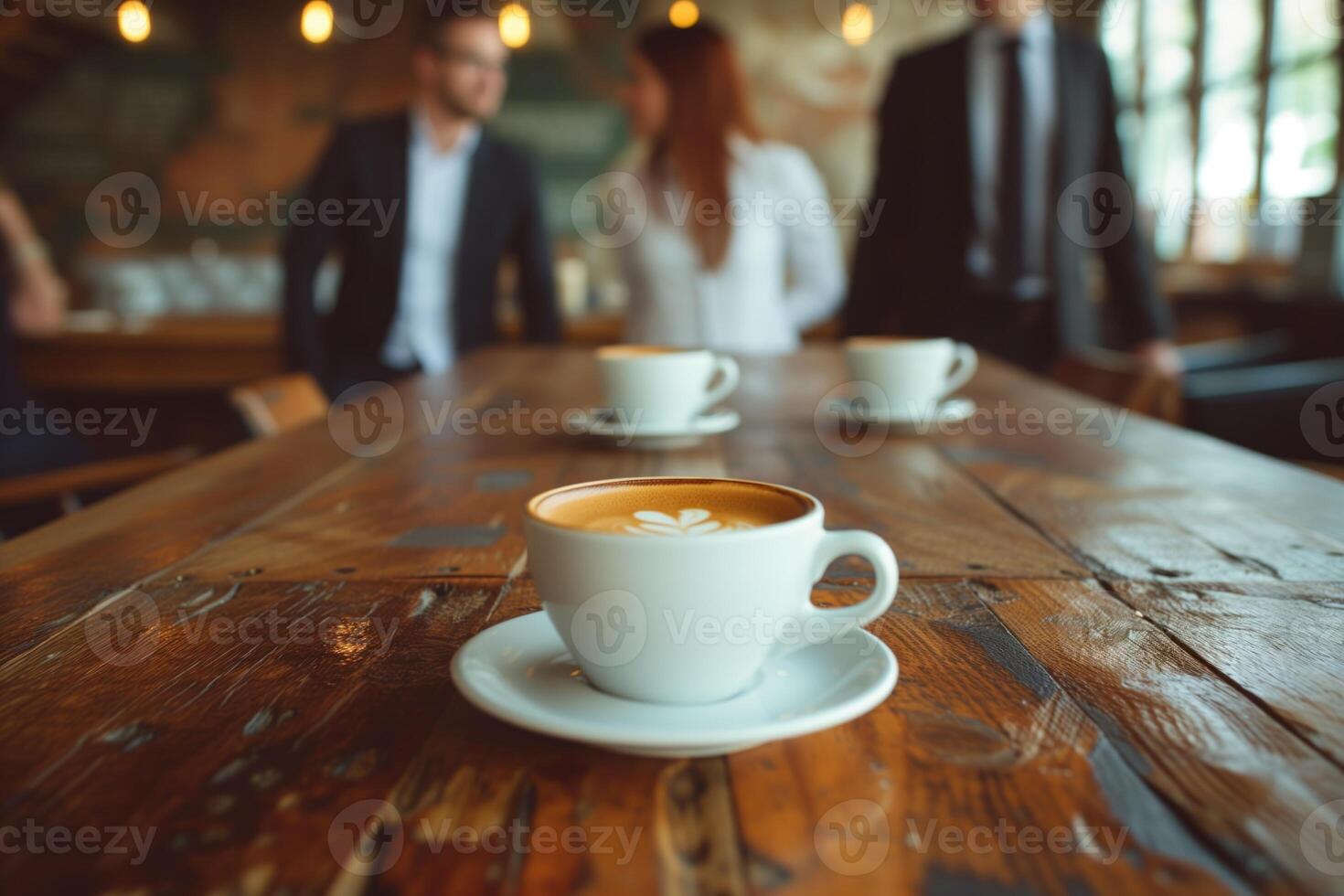 ai gerado o negócio pessoas em pé por aí uma mesa com café foto