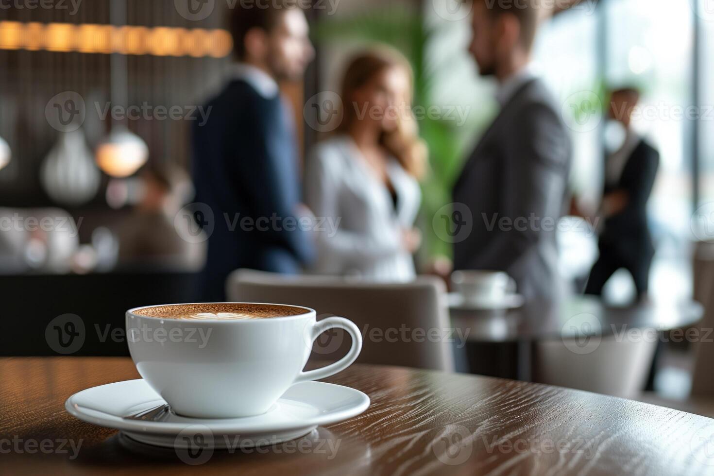 ai gerado o negócio pessoas em pé por aí uma mesa com café foto