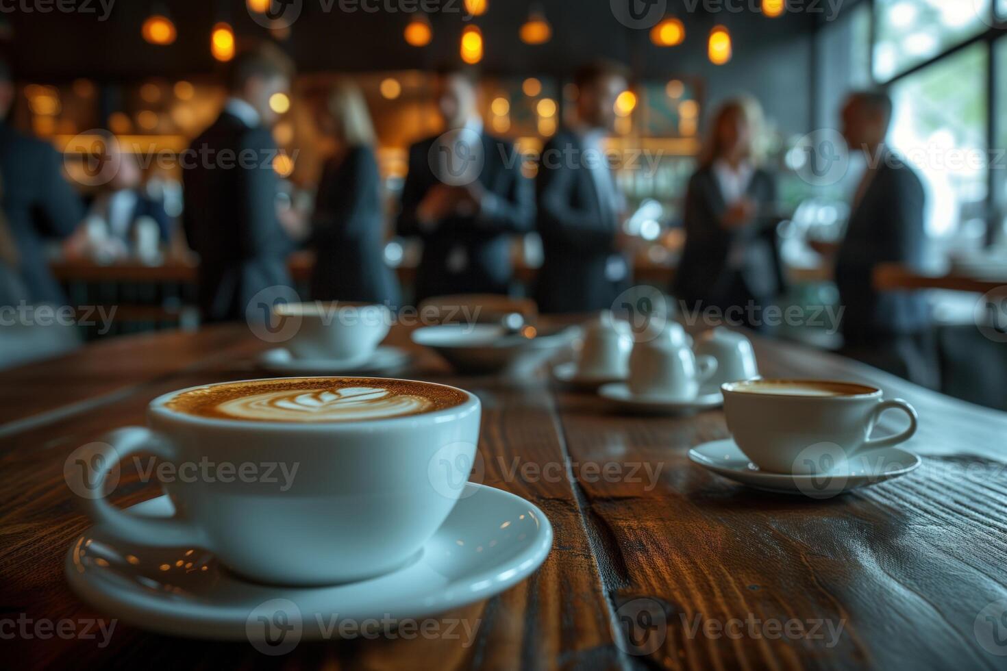 ai gerado o negócio pessoas em pé por aí uma mesa com café foto