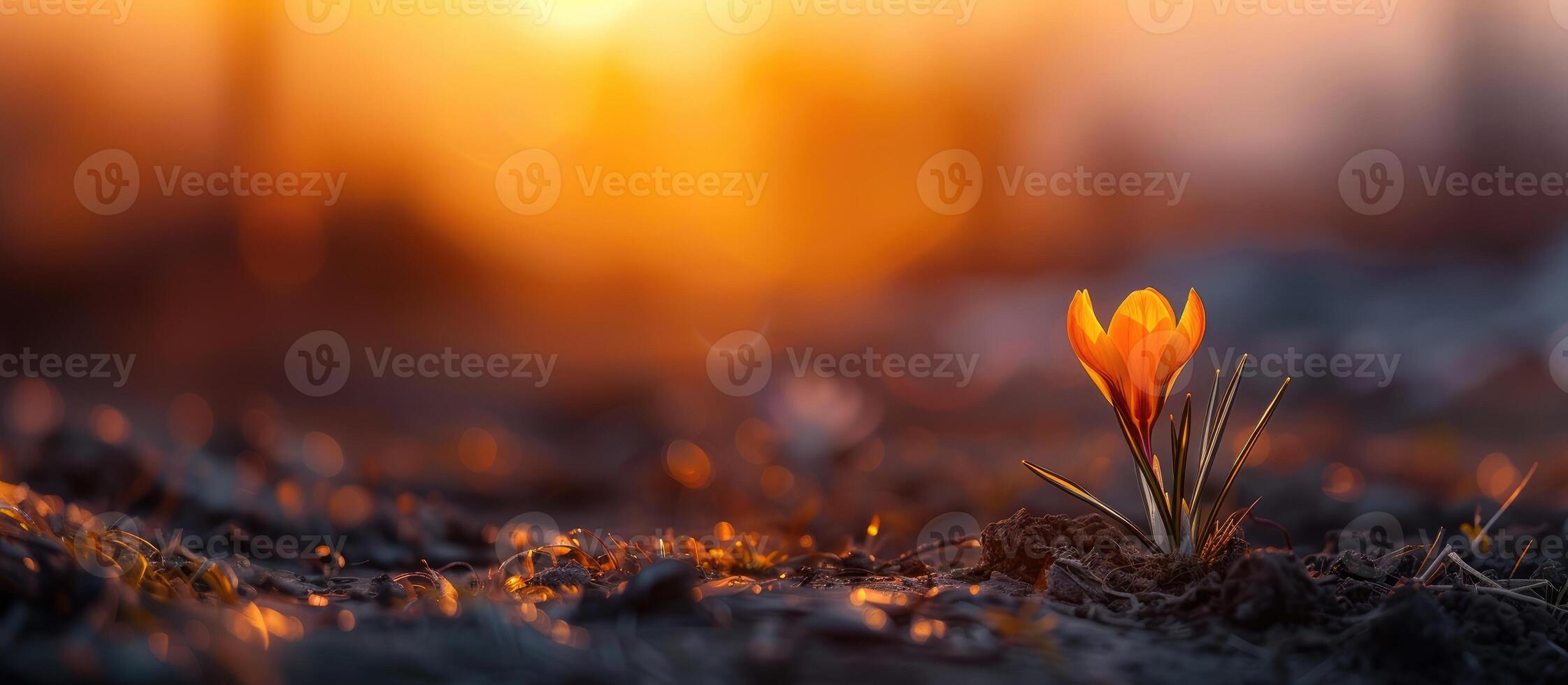 ai gerado bandeira lindo amarelo açafrões dentro primavera, a Sol belas ilumina a pétalas, atmosférico fotografia, Primavera conceito, despertar do natureza, floração foto