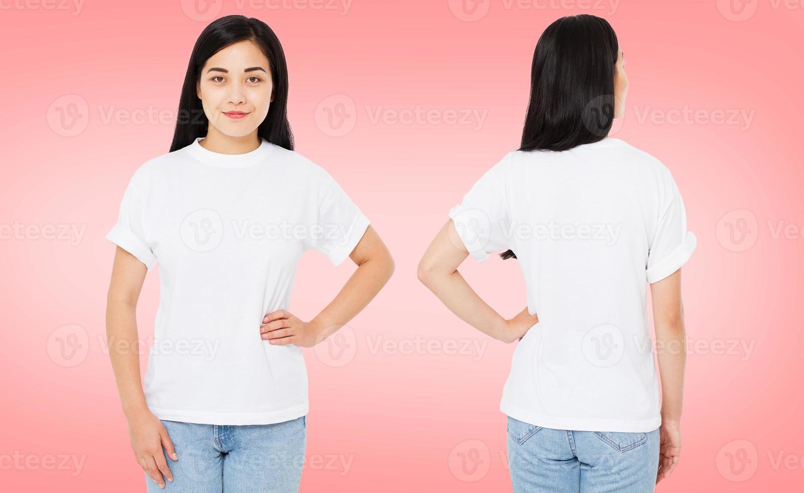 conjunto, colagem, frente e verso, vistas, linda, coreana, mulher asiática, em, t-shirt, isolada foto