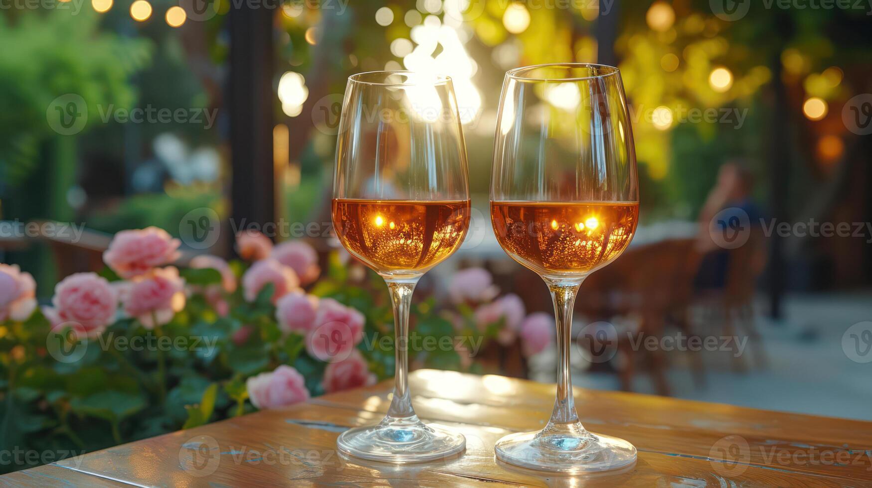 ai gerado dois óculos com vinho em a verão mesa do uma cafeteria ou restaurante ,cópia de espaço foto