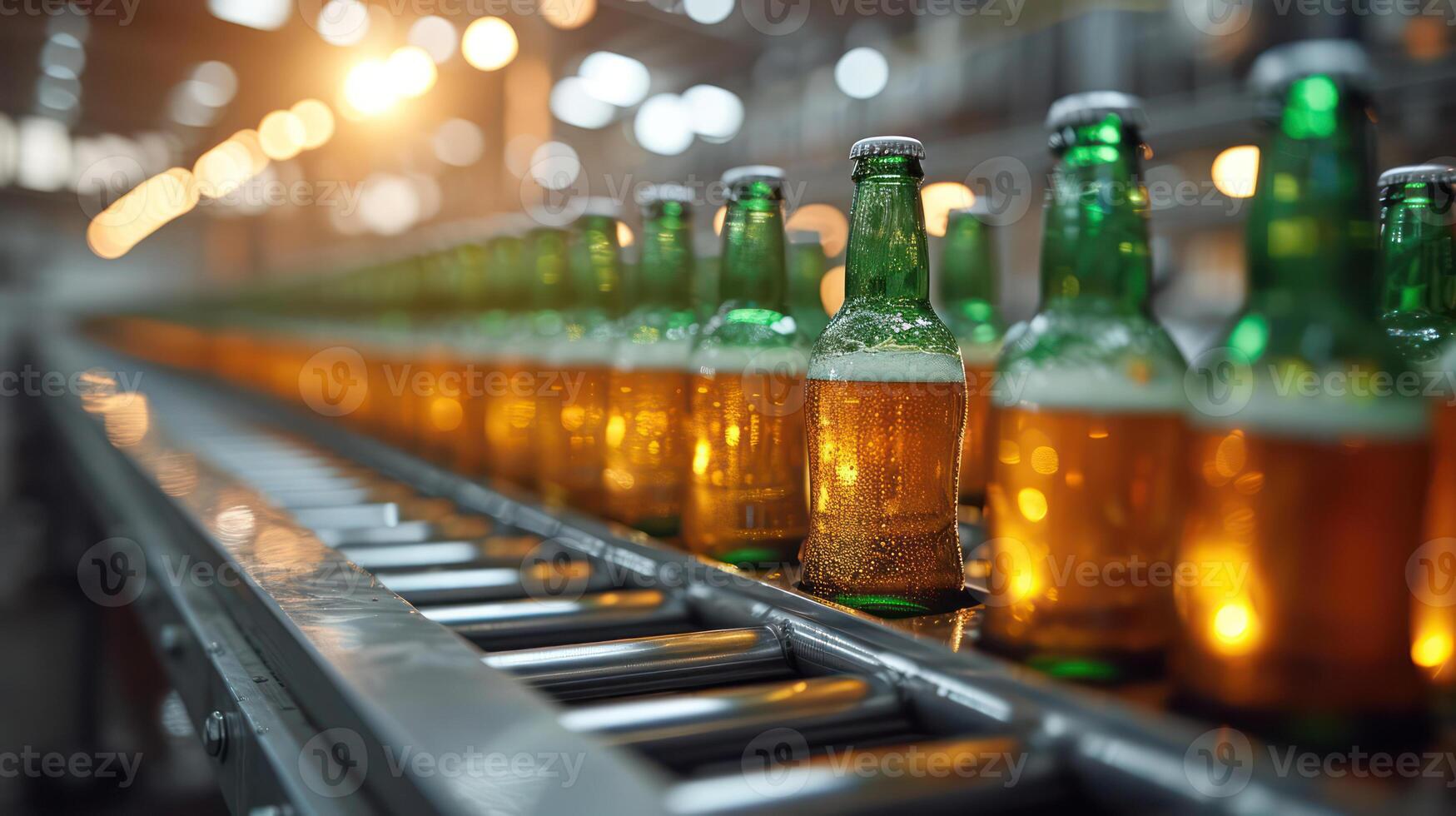 ai gerado verde Cerveja garrafa, Cerveja suco em Produção linha, fábrica fundo foto