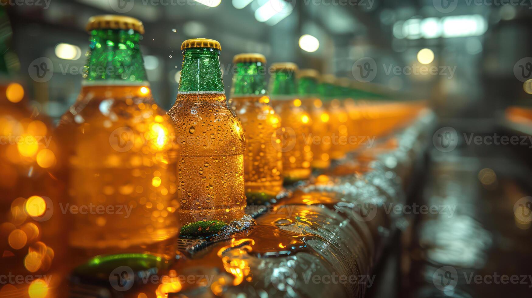 ai gerado verde Cerveja garrafa, Cerveja suco em Produção linha, fábrica fundo foto