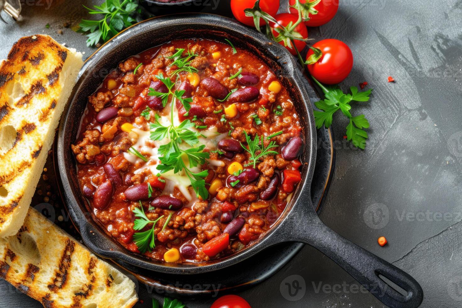 ai gerado mexicano quente Pimenta vigarista carne, feijões, picado carne e legumes ensopado dentro tomate molho foto