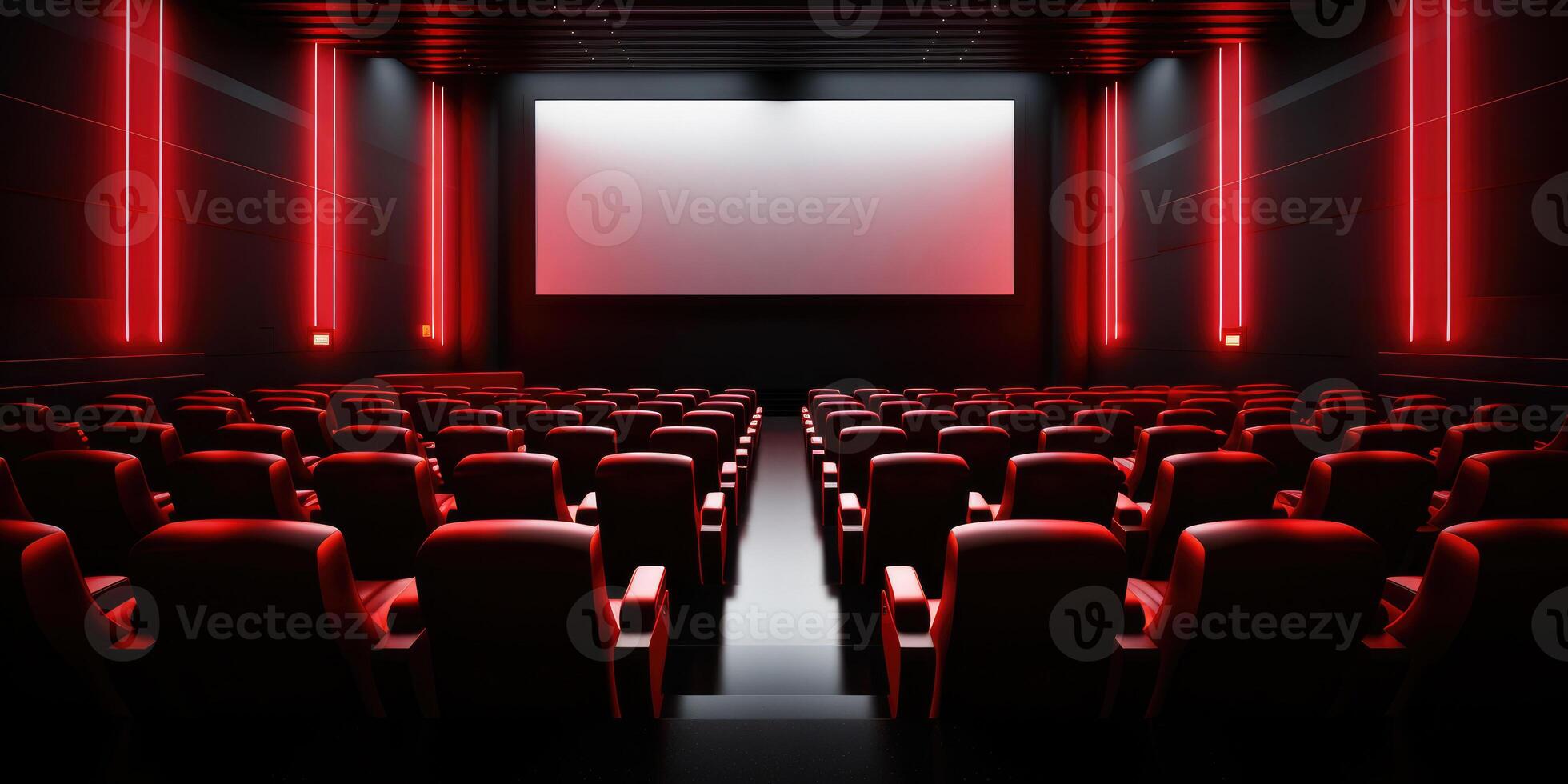 ai gerado moderno cinema quarto com vermelho assentos e ambiente lado iluminação. esvaziar filme quarto com Largo tela. visto sobre tela. generativo ai foto