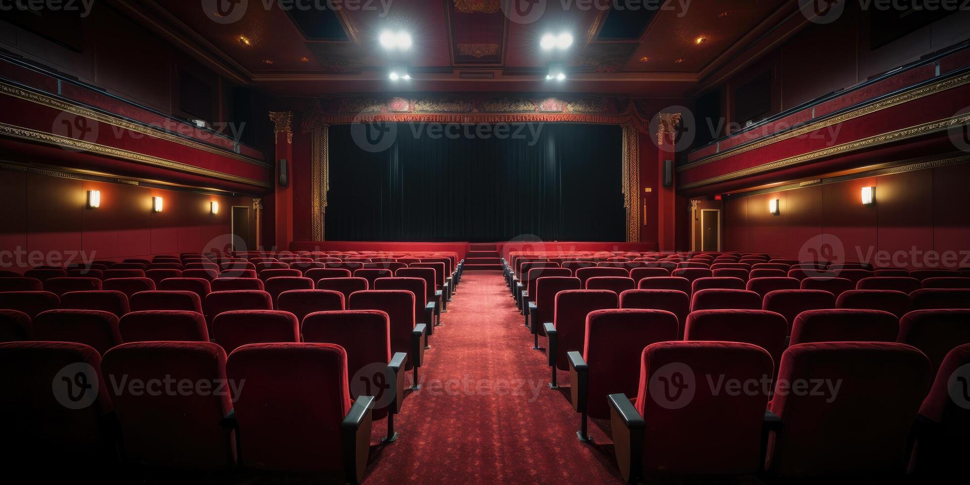 ai gerado vermelho teatro assentos e Preto cortina dentro opulento cinema. visto sobre estágio. generativo ai foto