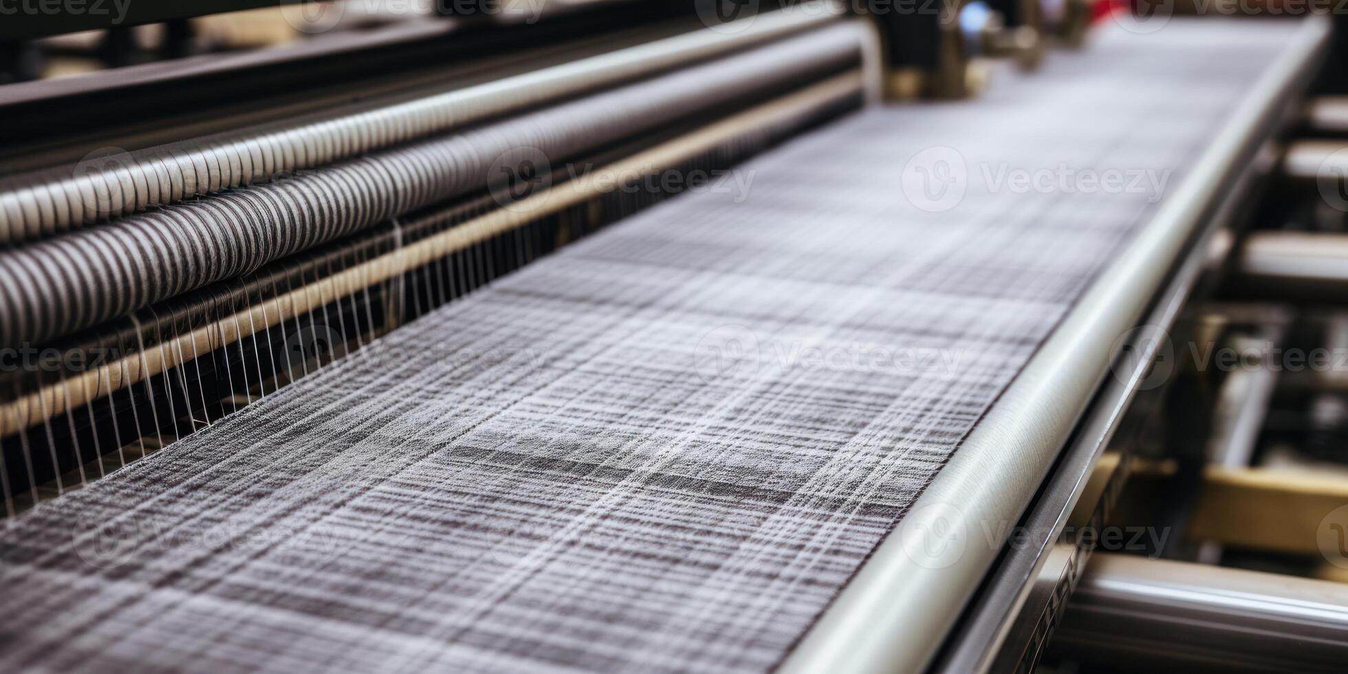 ai gerado tecido tecelagem em tear dentro têxtil fábrica com cinzento fio. generativo ai foto
