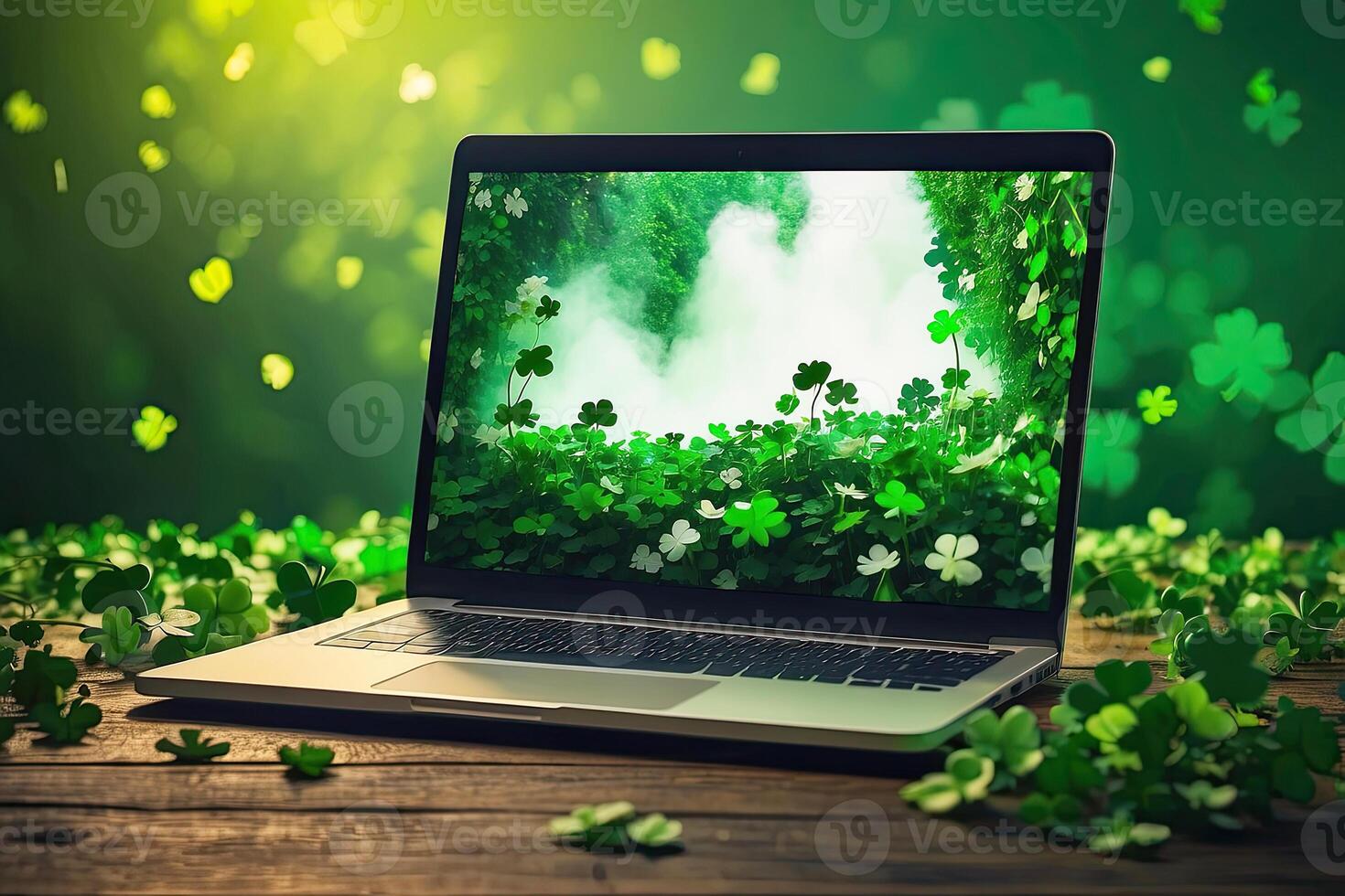 ai gerado computador portátil com uma verde trevo em a monitor dentro uma mágico decoração para st. patrick's dia. sazonal controlo remoto trabalhar, Internet, uma feriado cartão, compras, sorte, verde casa. ai gerado foto