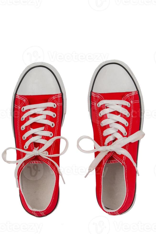 vermelho Chiclete sapatos isolado em branco fundo. topo visualizar. foto