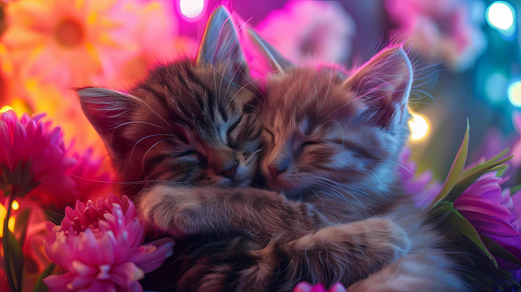 ai gerado dois fofo gatinhos dormir pacificamente em colorida flores foto