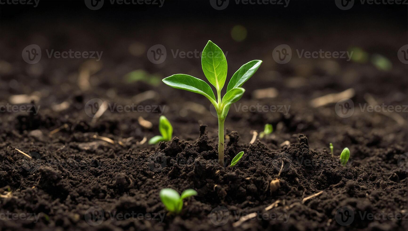 ai gerado pequeno verde brotar crescendo dentro solo cercado de folhas, simbolizando Novo vida e crescimento dentro natureza foto