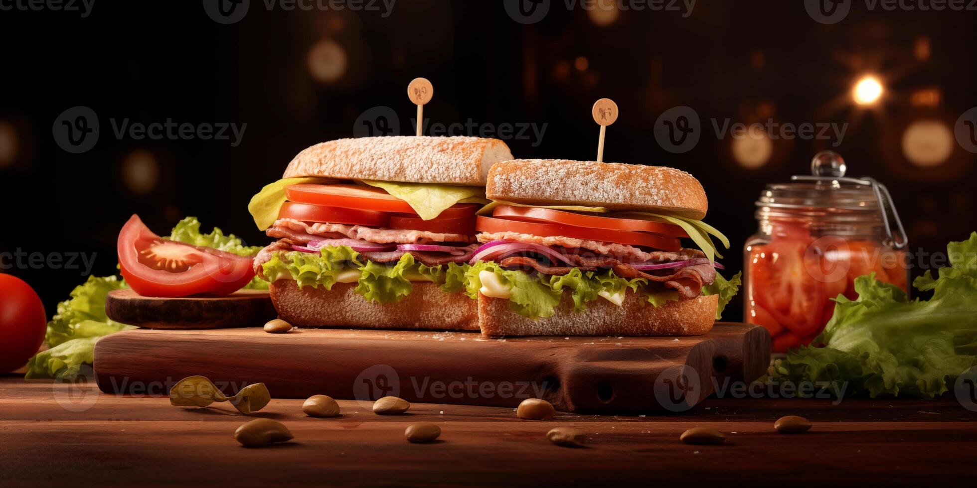 ai gerado fechar-se do dois sanduíches com bacon, salame, prosciutto, e fresco legumes em uma rústico de madeira corte borda. foto