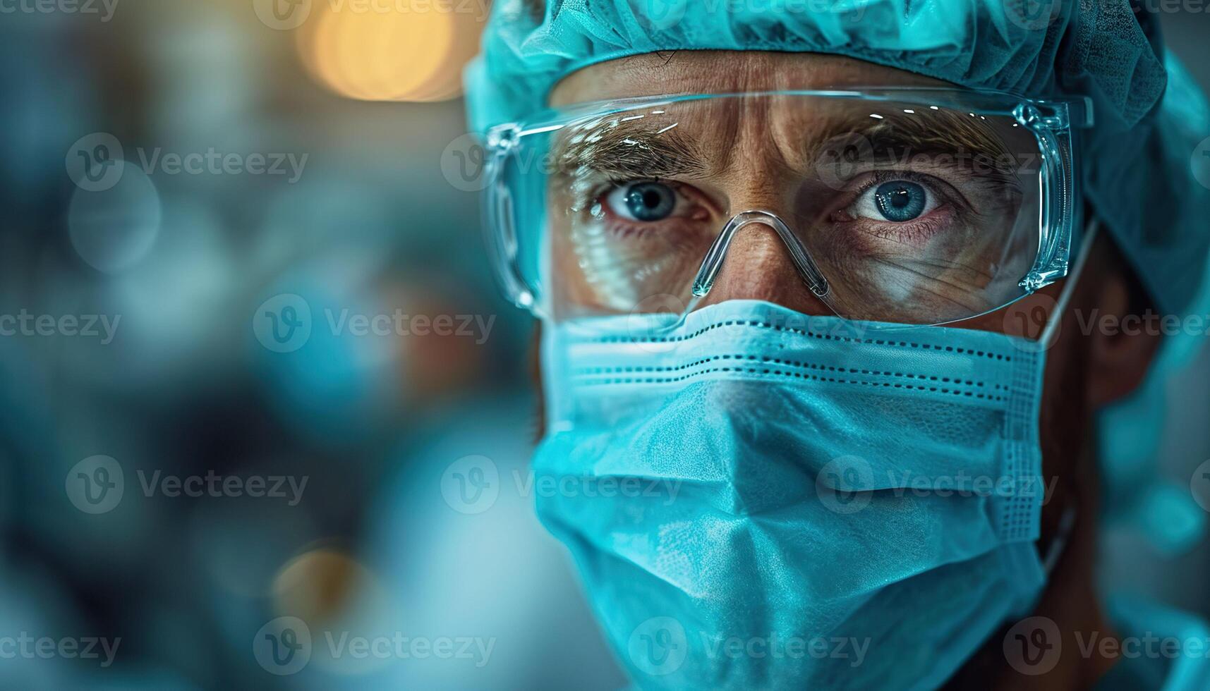 ai gerado fechar-se do uma do cirurgião intenso olhar, vestido dentro cirúrgico esfoliantes, mascarar, e protetora óculos. generativo ai. foto