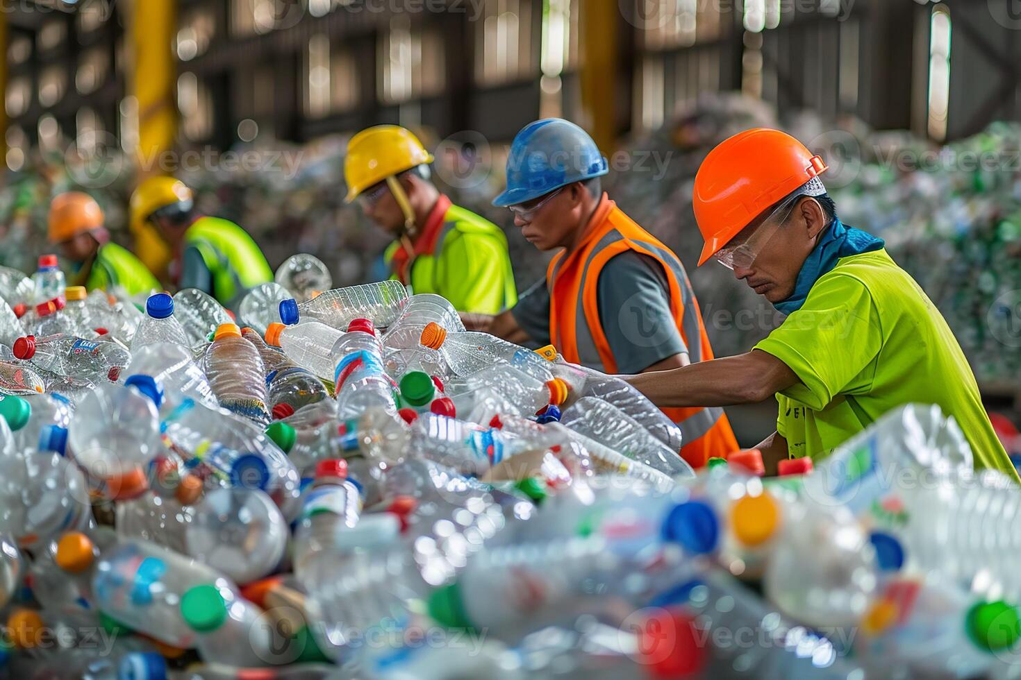 ai gerado trabalhadores às uma reciclando instalação Ordenação e em processamento plástico garrafas para reciclando. generativo ai. foto