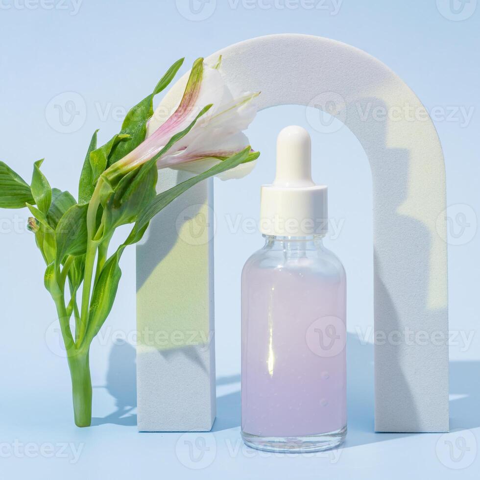 beleza face óleo dentro vidro conta-gotas garrafa dentro arco com astroméria flor. na moda tiro do cosméticos embalagem. essencial óleo com natural ingredientes. crueldade livre cosméticos foto