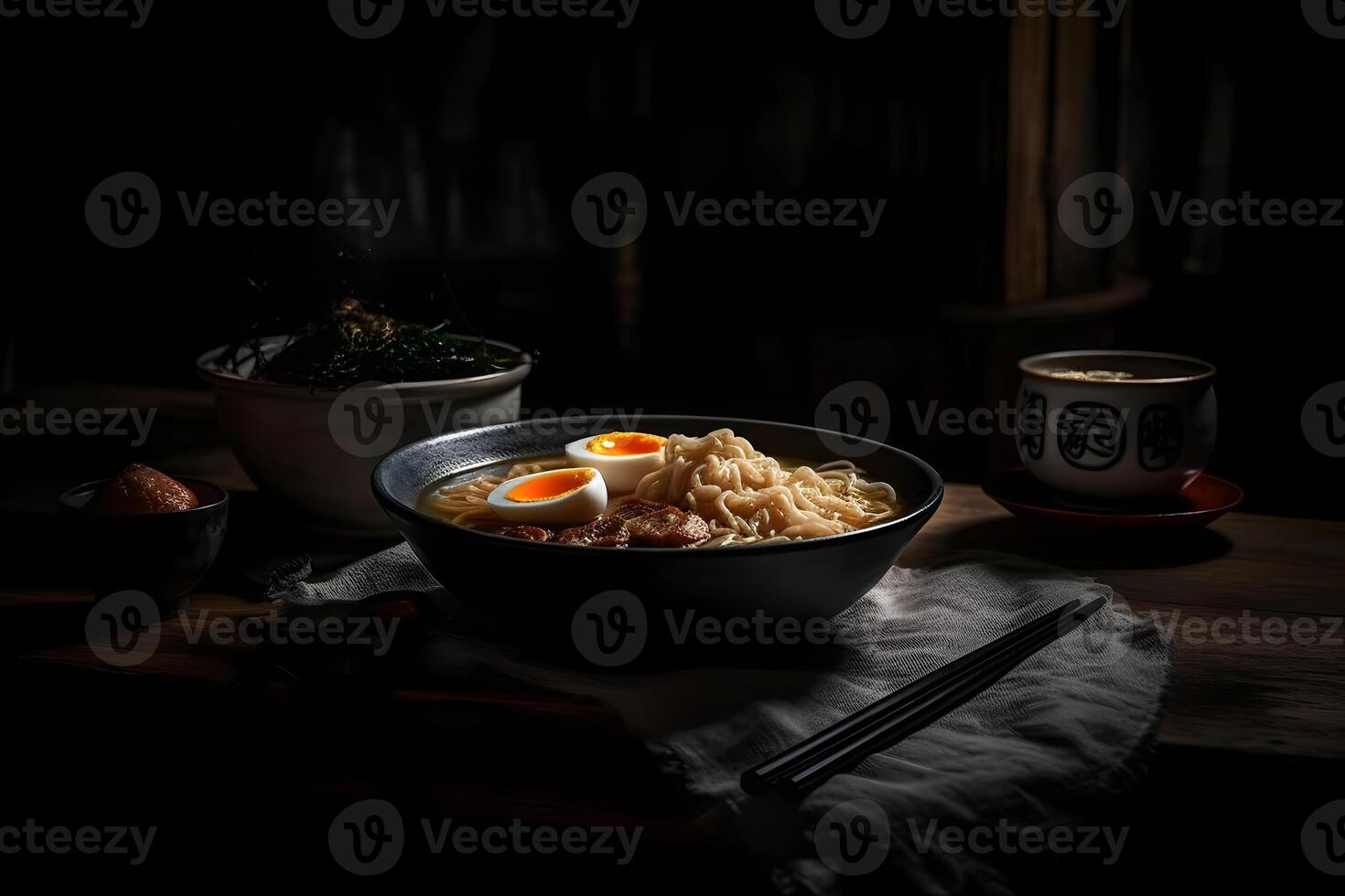 ai gerado japonês ramen sopa com frango, ovo, cebolinha e brotar em Sombrio de madeira. neural rede ai gerado foto