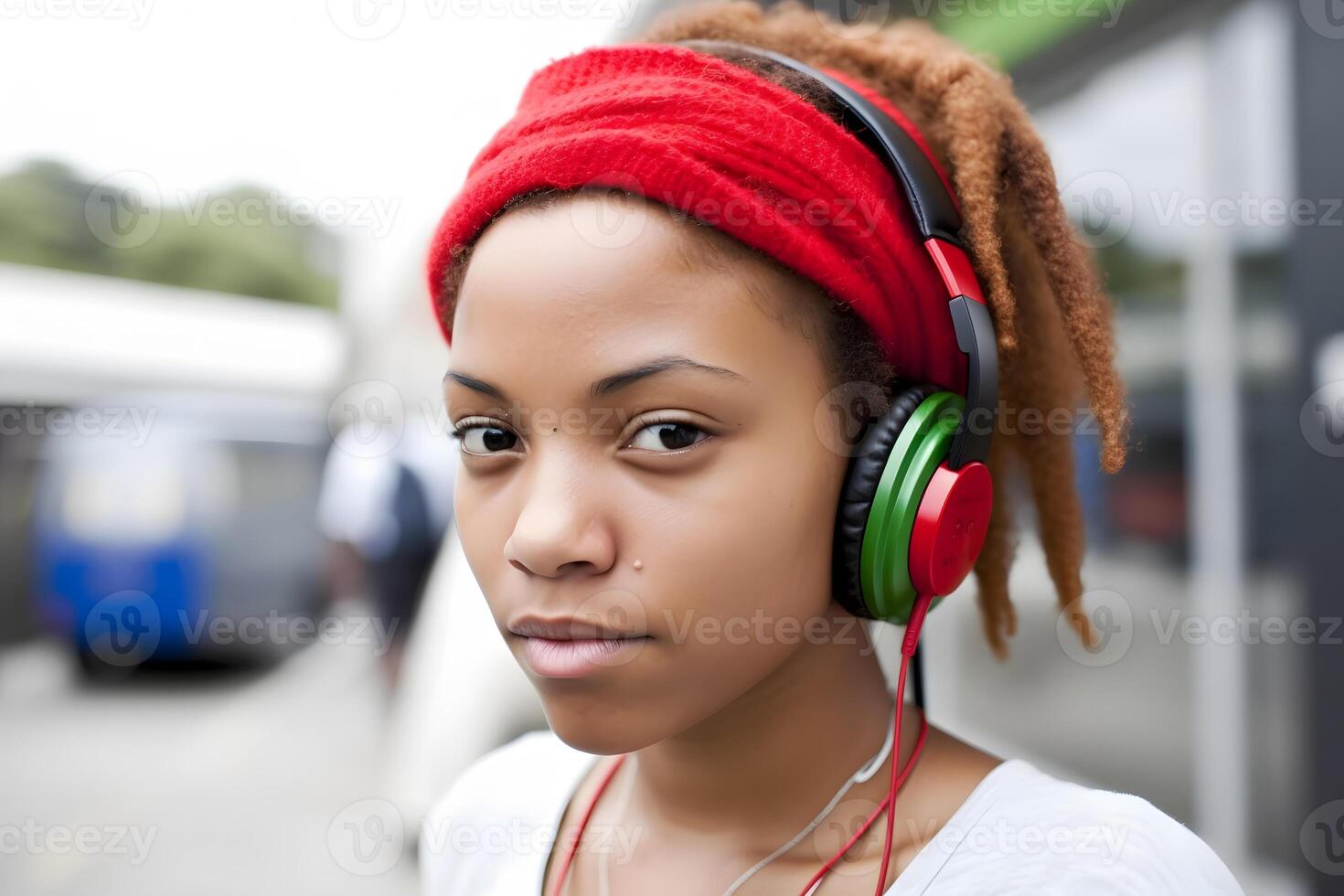 ai gerado africano mulher ouvindo para música em fones de ouvido. neural rede ai gerado foto