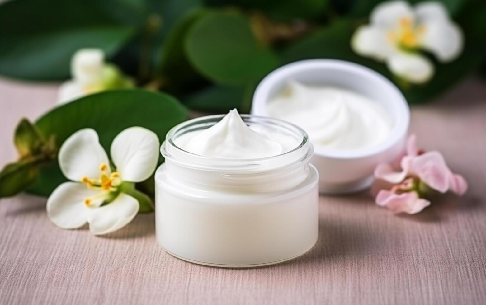 ai gerado natural Cosmético creme jarra em uma velho madeira mesa com folhas e flor foto