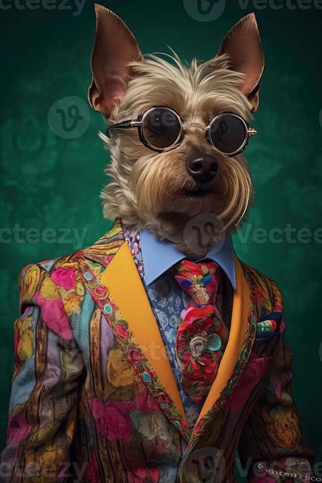 ai gerado cachorro, britânico yorkshire, vestido dentro a elegante moderno terno com uma agradável gravata, vestindo óculos e uma boné foto