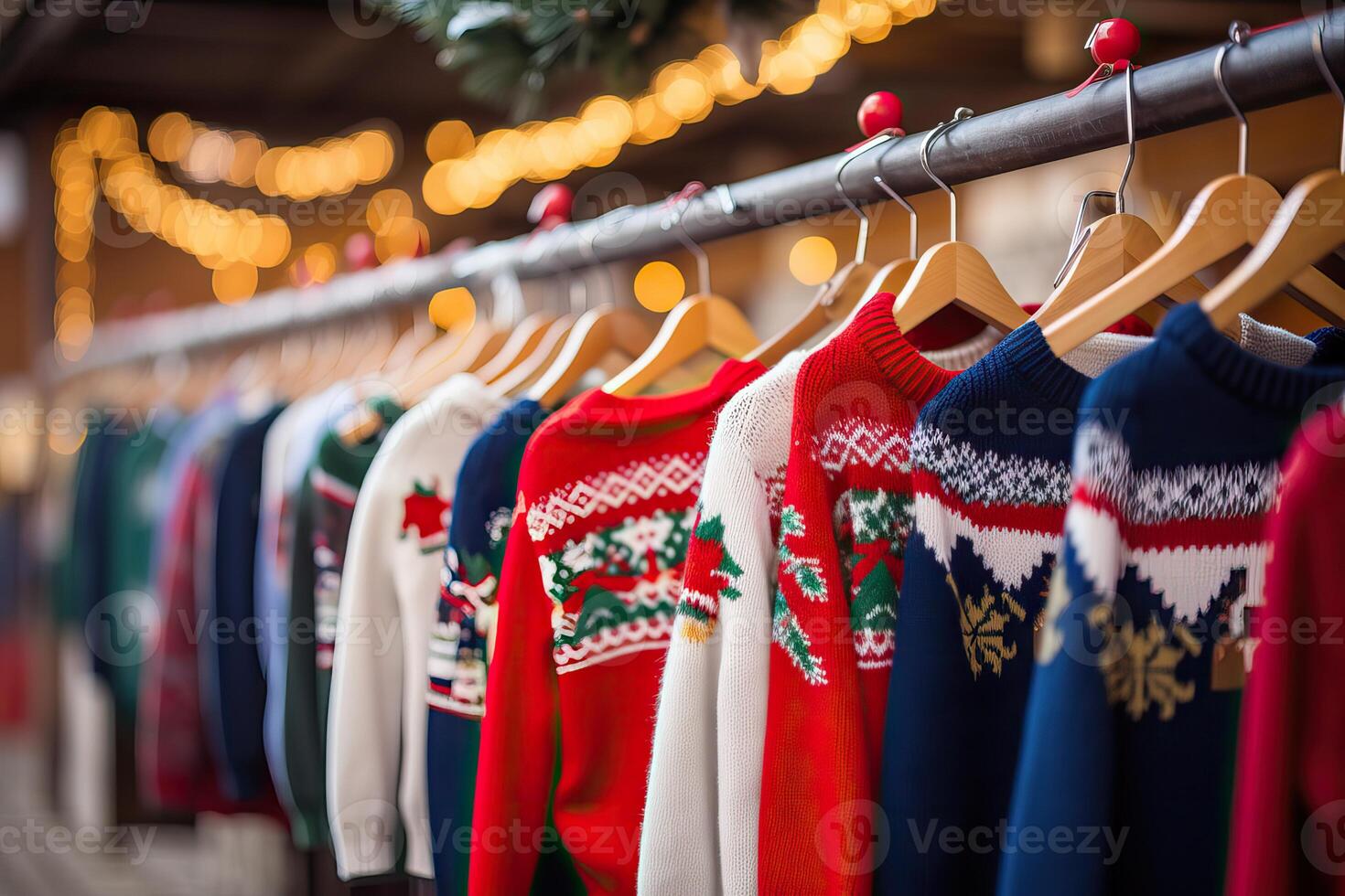 ai gerado diferente feio chirstmas jumpers suspensão em uma ferroviário, em decorado Natal guirlandas luzes foto