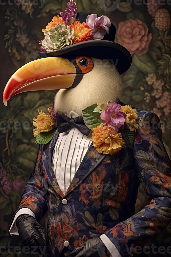 ai gerado tucano vestido dentro a elegante floral terno e uma chapéu. moda retrato do a antropomórfico animal, foto