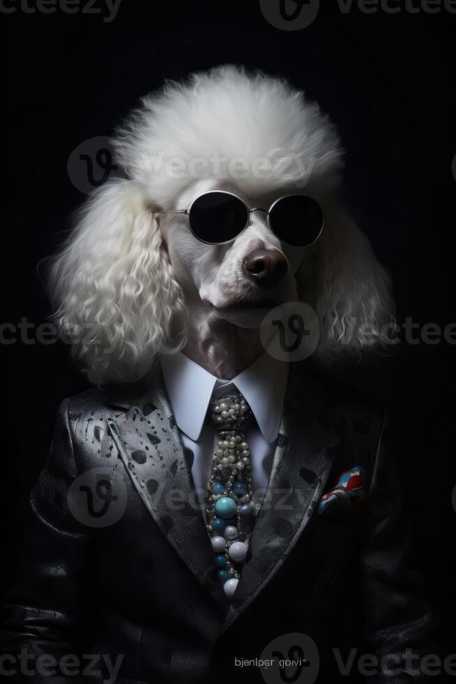 ai gerado branco cachorro vestido dentro a elegante moderno s terno com uma agradável gravata, vestindo oculos escuros. moda retrato foto