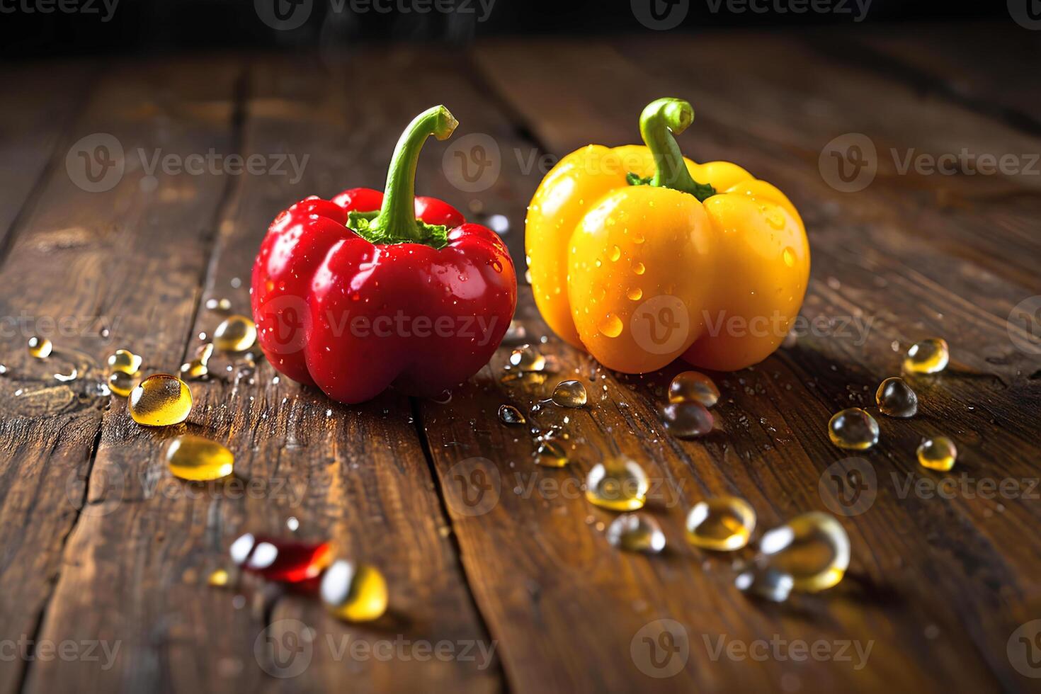 ai gerado vermelho e amarelo pimentas com água gotas em de madeira fundo. horizontal culinária fundo com legumes. comercial promocional Comida foto