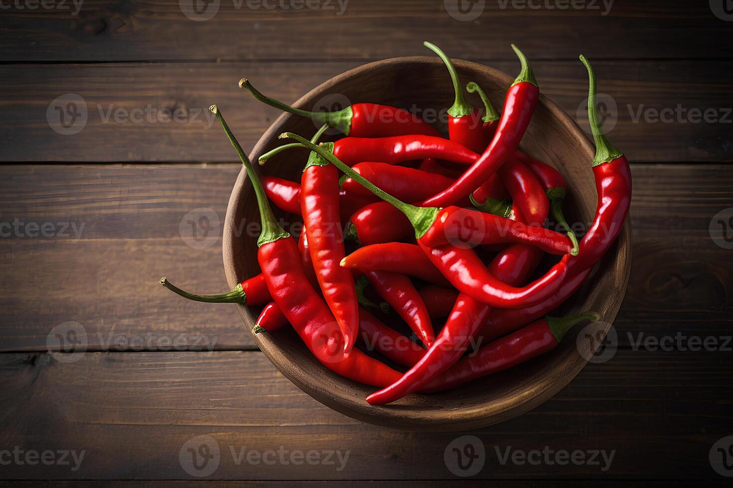 ai gerado vermelho Pimenta pimentas dentro tigela em de madeira fundo. horizontal culinária fundo com legumes. comercial promocional Comida foto