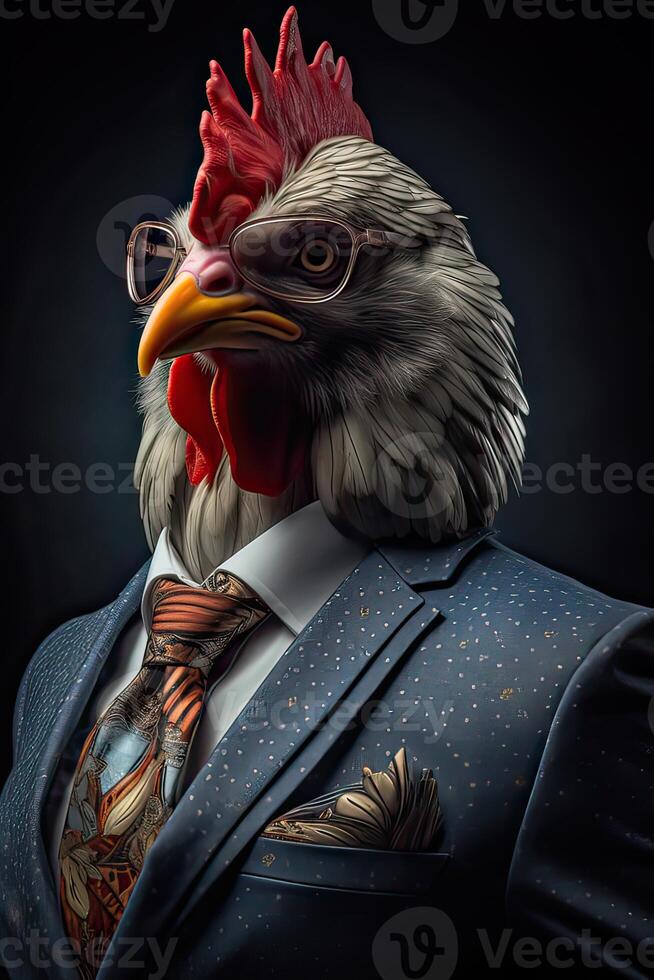 ai gerado frango vestido dentro a elegante moderno terno com uma agradável gravata. moda retrato do a antropomórfico foto