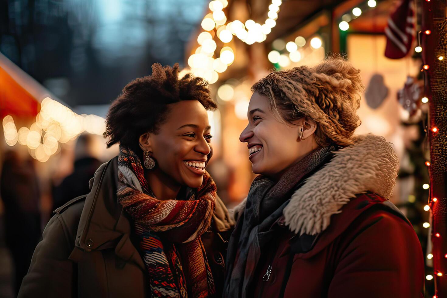 ai gerado feliz sorridente lésbica casal dentro amor, amigas abraçando e sorridente às Natal mercado, inverno foto