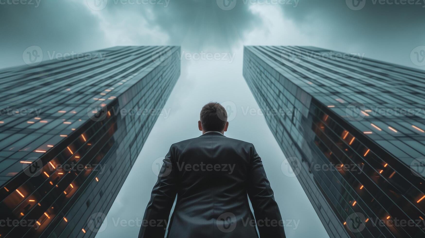 ai gerado uma confiante investidor olhando acima às arranha-céu com financeiro ambição e confiança. foto
