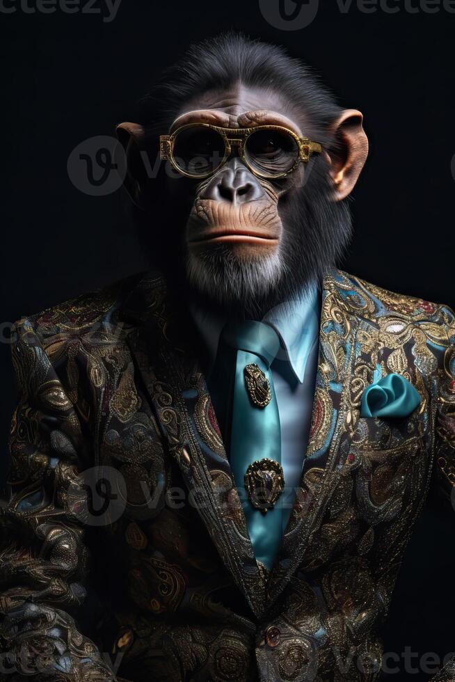 ai gerado macaco chimpanzé vestido dentro a elegante terno com uma agradável gravata. moda retrato do a antropomórfico foto