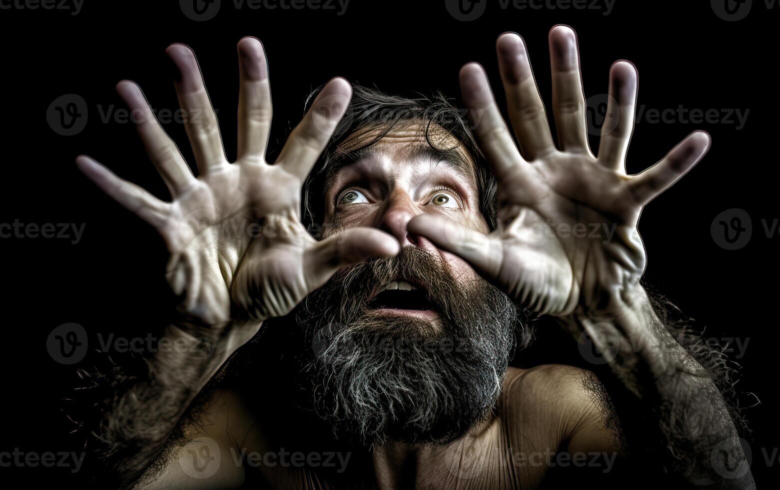 ai gerado humano evolução uma barba homem mostrando dele mãos com uma mutação do seis dedos foto
