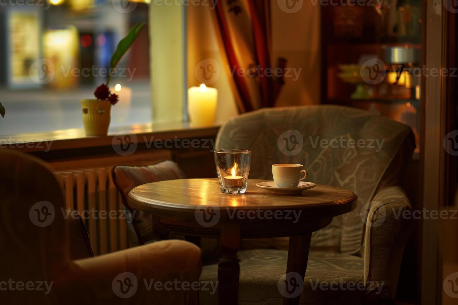 ai gerado de madeira mobília e iluminação dentro a cafeteria .generativo ai foto