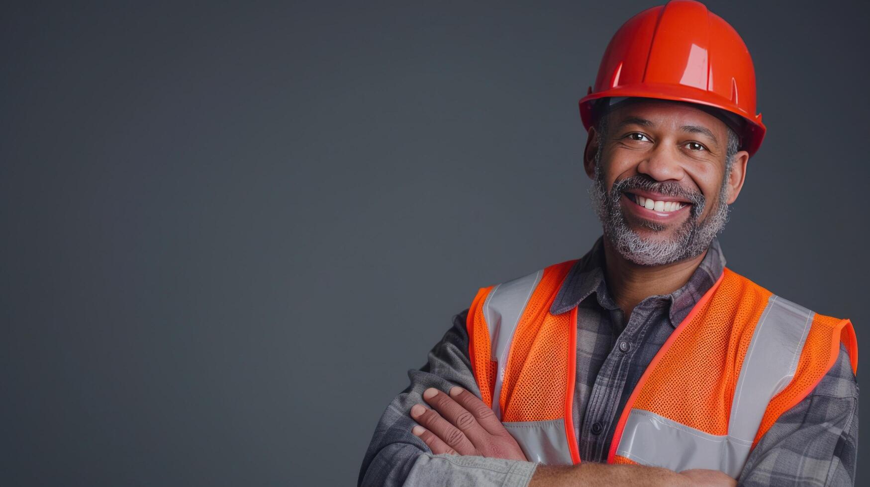 ai gerado uma alegre construção trabalhador, vestindo uma Difícil chapéu e reflexivo colete foto