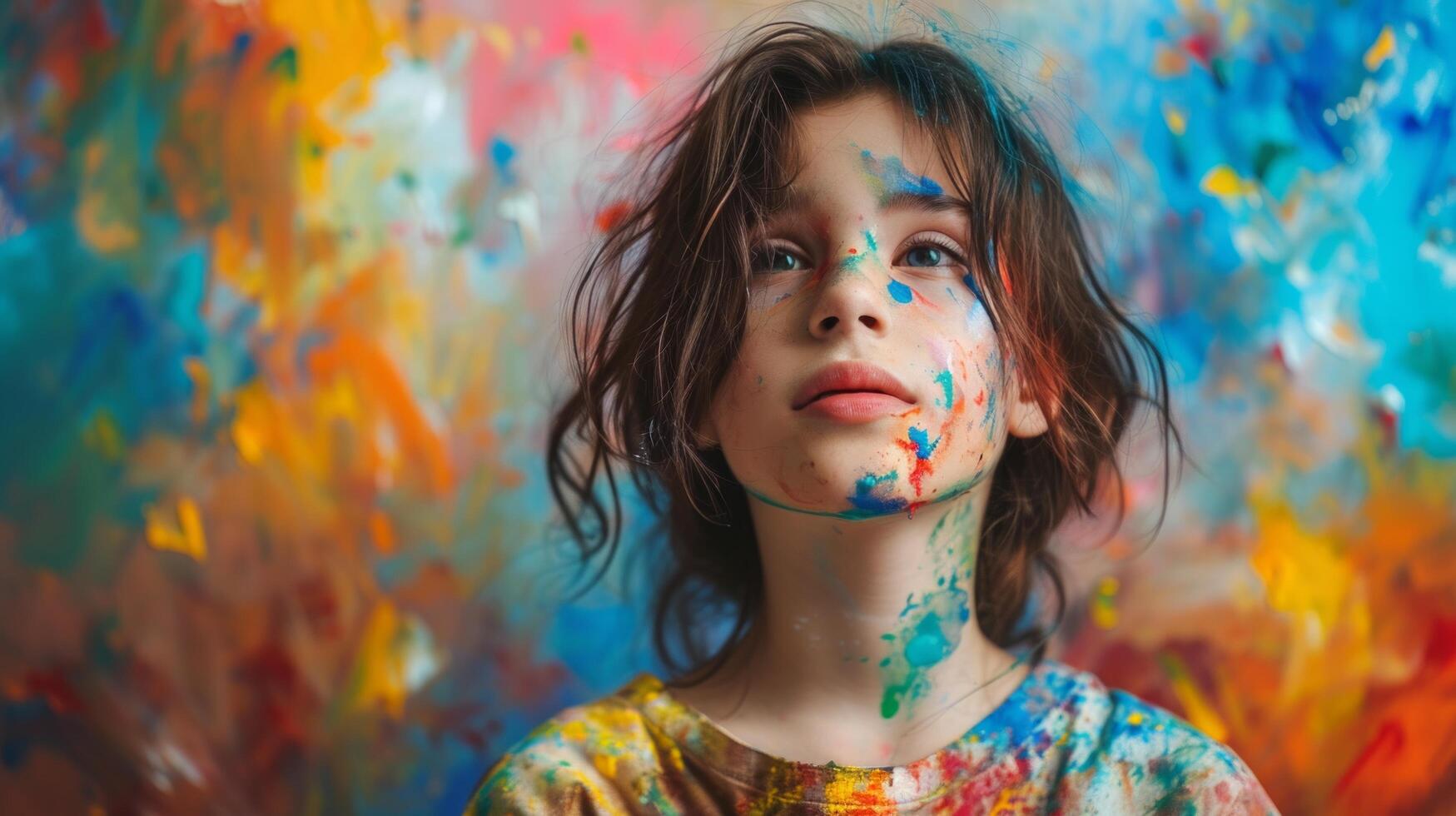 ai gerado uma jovem artista profundamente concentrado em pintura, seus imaginação espirrando cor através a tela de pintura foto