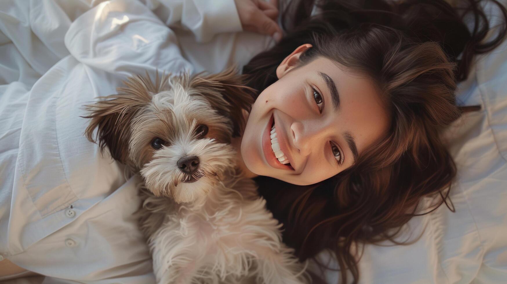 ai gerado uma jovem mulher dentro branco pijamas mentiras dentro cama e sorrisos enquanto olhando para dentro a Câmera foto