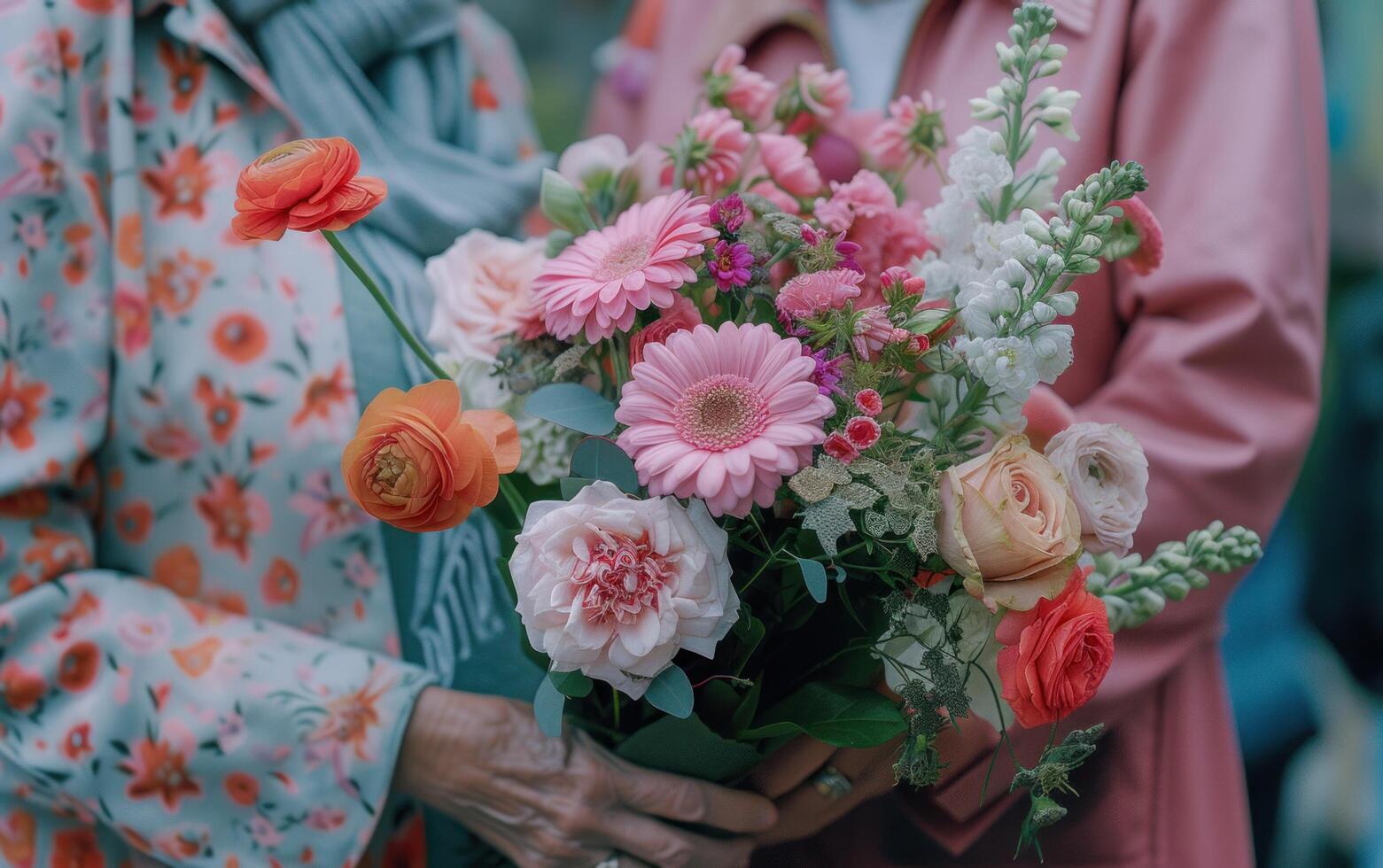 ai gerado uma mulher é segurando uma ramalhete do flores Próximo para a Mais velho mulher foto