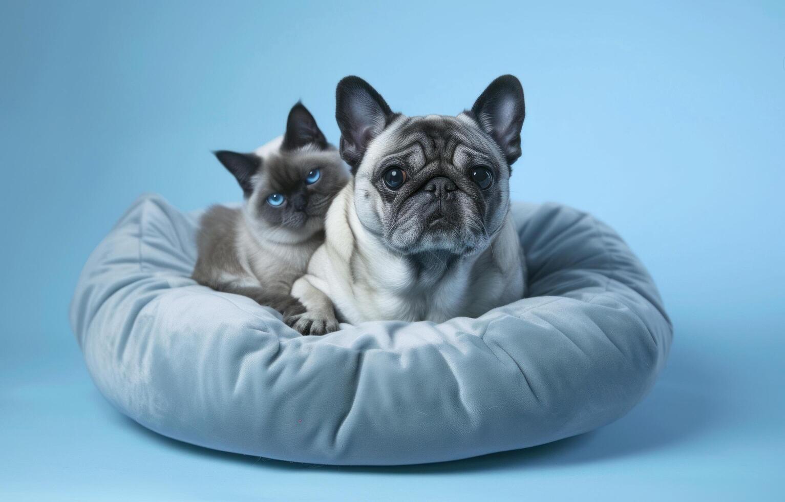 ai gerado uma pug cachorro dentro uma travesseiro com uma gato em isto foto