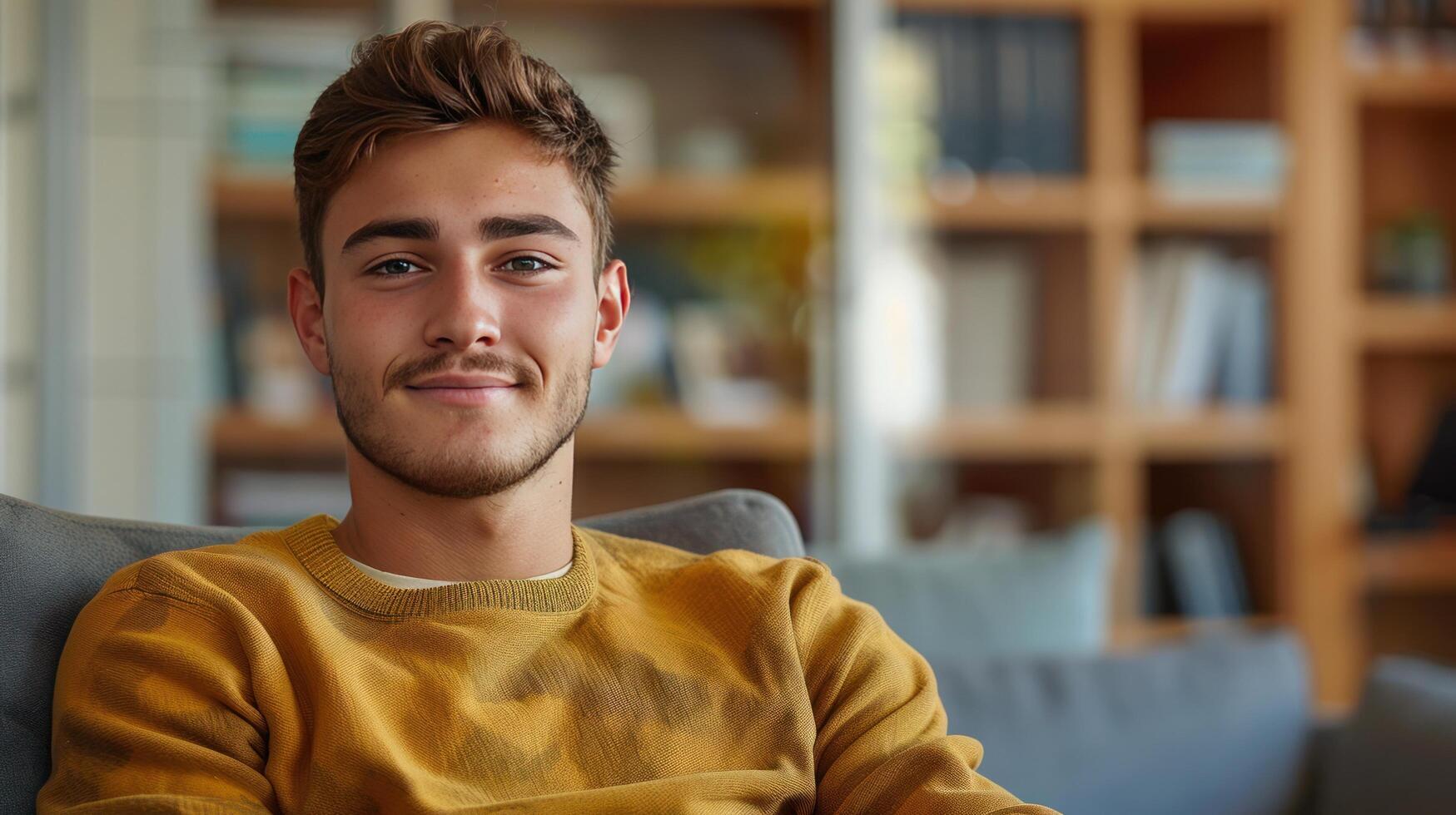 ai gerado uma jovem homem senta dentro uma cadeira às uma consulta com uma psicoterapeuta. ele parece às a Câmera sorridente foto