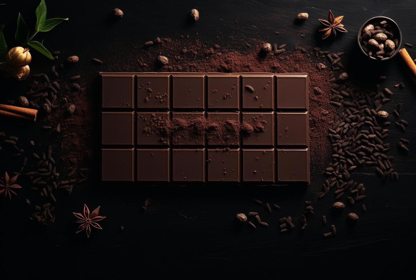 ai gerado Sombrio chocolate bar, chocolate flocos e pó em uma Difícil de madeira superfície foto