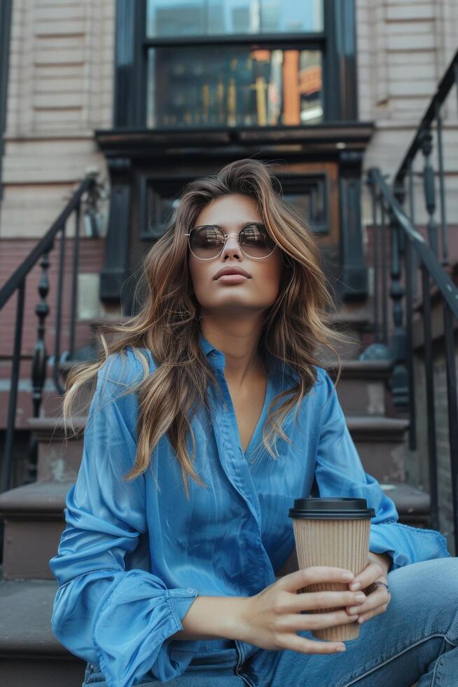 ai gerado uma mulher dentro uma azul blusa e magro jeans bebidas café a partir de uma papel copo enquanto sentado em a escadas perto a apartamento foto