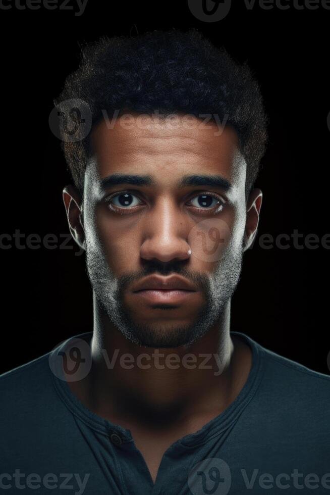 ai gerado retrato do uma sério homem do a africano raça em uma Preto fundo foto