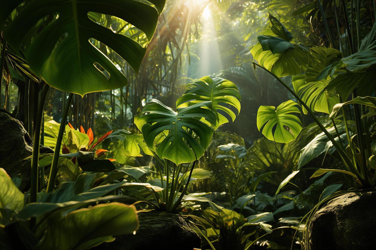 ai gerado ampla monstera folhas dentro a tropical floresta. gerado de artificial inteligência foto