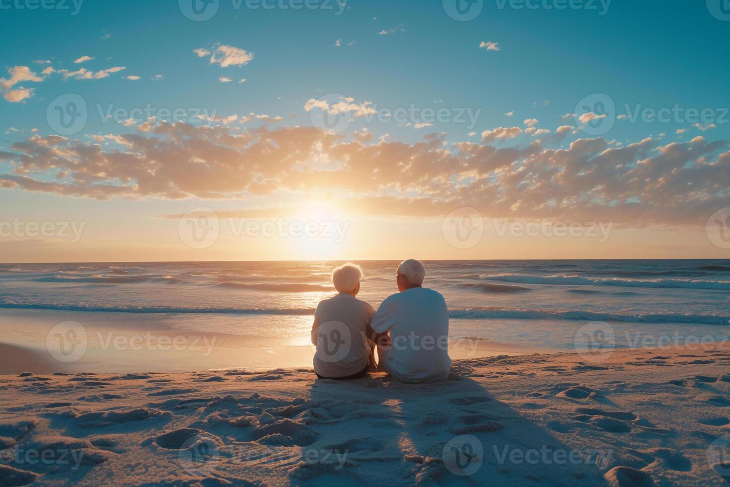 ai gerado feliz idosos desfrutando do aposentadoria com uma de praia foto